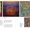 Four vibrant textile artworks fill two pages in "Tapestry Talking" by Schiffer Publishing, Ltd., showcasing a geometric quilt, aerial tapestry, copper abstraction, and city map. Captions highlight each artist's distinctive weaving technique.