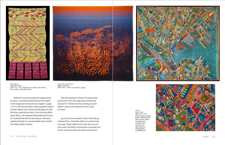 Four vibrant textile artworks fill two pages in "Tapestry Talking" by Schiffer Publishing, Ltd., showcasing a geometric quilt, aerial tapestry, copper abstraction, and city map. Captions highlight each artist's distinctive weaving technique.