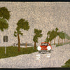 “Tapestry Talking” by Schiffer Publishing, Ltd. is a textured artwork inspired by tapestry weaving, depicting a red car with headlights on driving past windblown palms on a cloudy day.