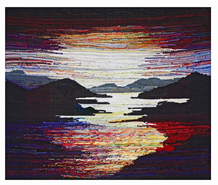 Tapestry Talking by Schiffer Publishing, Ltd. is a woven textile artwork featuring a glowing sunset over mountains and a lake, with vibrant red, yellow, blue, and white hues creating a textured abstract landscape through expert tapestry weaving.
