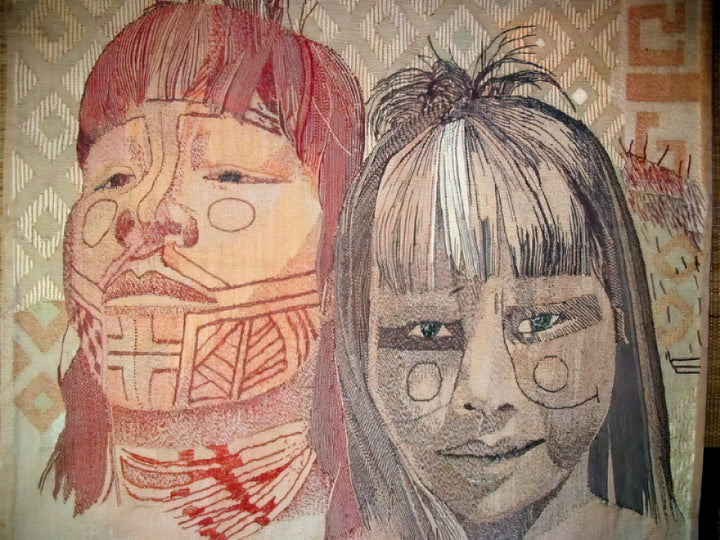 Tapestry Talking by Schiffer Publishing, Ltd. is a woven textile artwork showing two children with long hair and traditional face markings—one serious with intricate patterns, the other smiling—set against a geometric background.