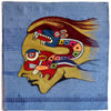 Tapestry Talking by Schiffer Publishing, Ltd. features a woven design of a stylized human profile with a colorful serpent-like figure emerging from the head, adorned with Aztec or Mayan motifs on blue—a striking example of intricate tapestry craftsmanship.