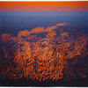 Tapestry Talking by Schiffer Publishing, Ltd. features an abstract textile artwork with swirling orange patterns on a dark blue and purple background, evoking a sunset over water. The initials ER appear in the lower right corner.