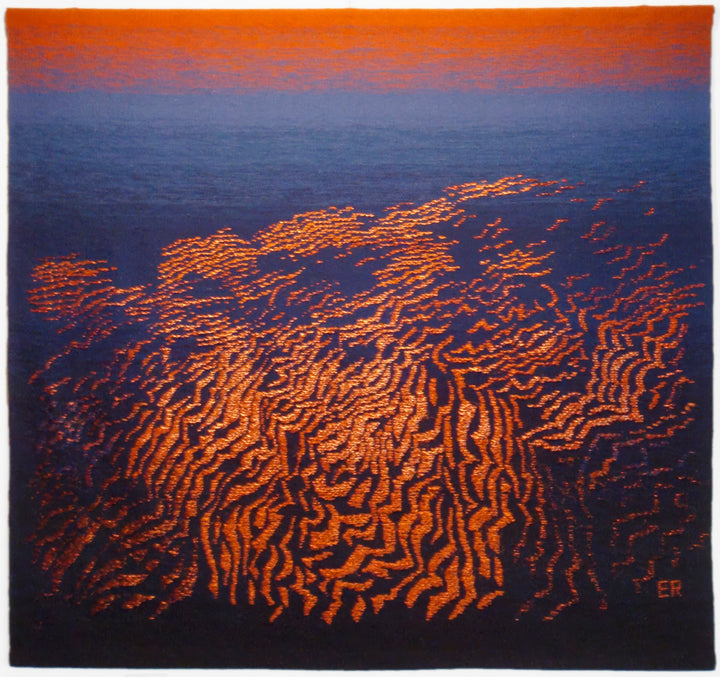 Tapestry Talking by Schiffer Publishing, Ltd. features an abstract textile artwork with swirling orange patterns on a dark blue and purple background, evoking a sunset over water. The initials ER appear in the lower right corner.