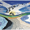 Tapestry Talking by Schiffer Publishing, Ltd. features a vibrant landscape design with swirling blue water, a sandy beach, grassy hills, black birds flying toward a yellow sun, and a blue sky with clouds.