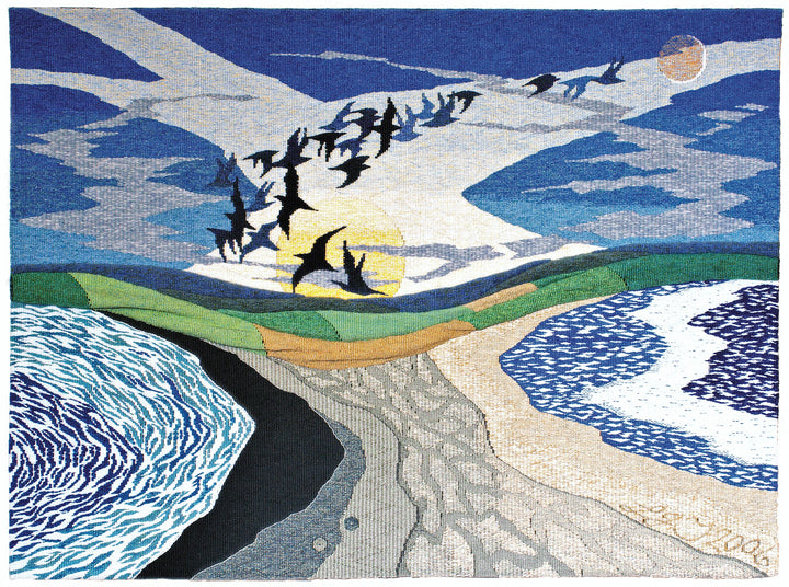 Tapestry Talking by Schiffer Publishing, Ltd. features a vibrant landscape design with swirling blue water, a sandy beach, grassy hills, black birds flying toward a yellow sun, and a blue sky with clouds.