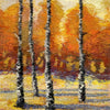 “Tapestry Talking” by Schiffer Publishing, Ltd. is a textured artwork inspired by tapestry weaving, showing slender birch trees with white bark and autumn’s vivid orange and yellow foliage cast with blue-purple shadows.