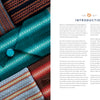 A vibrant array of woven fabric swatches overlap, one with a teal button. The Bandweaver's Project Book by Schiffer Publishing, Ltd. showcases Nordic-inspired bandweaving and the art of inkle loom weaving.