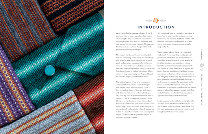 A vibrant array of woven fabric swatches overlap, one with a teal button. The Bandweaver's Project Book by Schiffer Publishing, Ltd. showcases Nordic-inspired bandweaving and the art of inkle loom weaving.