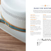 A white western hat with a blue, gold, and brown warp-faced woven band rests on wood beside "The Bandweaver's Project Book" by Schiffer Publishing, Ltd., featuring instructions for making your own western hat band.