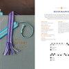 A photo of three woven bookmarks and a braided cord bookmark made by warp-faced tabby bandweaving, displayed on "The Bandweaver's Project Book" from Schiffer Publishing, Ltd.; printed instructions and a weaving chart appear on the right.