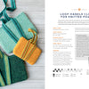 Three knitted pouches with green and yellow tones and striped, woven handles rest on light wood. Featured with The Bandweaver's Project Book by Schiffer Publishing, Ltd. Instructions are shown to the right.