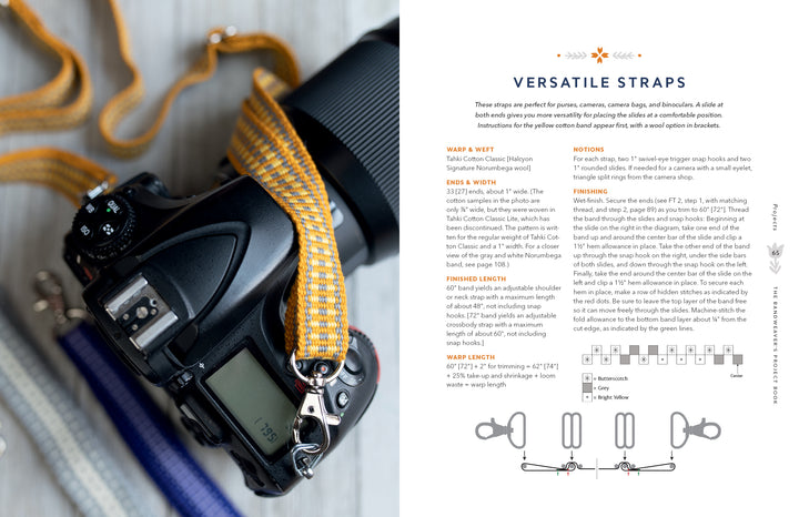 A black camera with a yellow patterned strap lies on a white surface next to The Bandweaver's Project Book by Schiffer Publishing, Ltd., an illustrated guide on inkle loom weaving techniques for making camera straps.