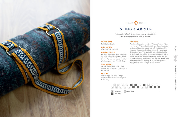 The Bandweaver's Project Book by Schiffer Publishing, Ltd. is pictured on a wooden surface next to a rolled blanket secured with a yellow and gray inkle-loom woven strap, complete with metal buckles, handles, and printed sling carrier instructions.