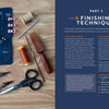A sewing kit is arranged on blue felt and wood. The right page of The Bandweaver's Project Book by Schiffer Publishing, Ltd. features finishing techniques for sewing tools and warp-faced tabby bandweaving.
