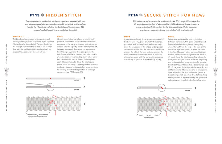 The Bandweaver’s Project Book by Schiffer Publishing, Ltd. includes two illustrated sewing guides—one for hidden stitches and one for secure hem stitches—each with step-by-step instructions and clear diagrams, perfect for inkle loom or warp-faced band weaving.