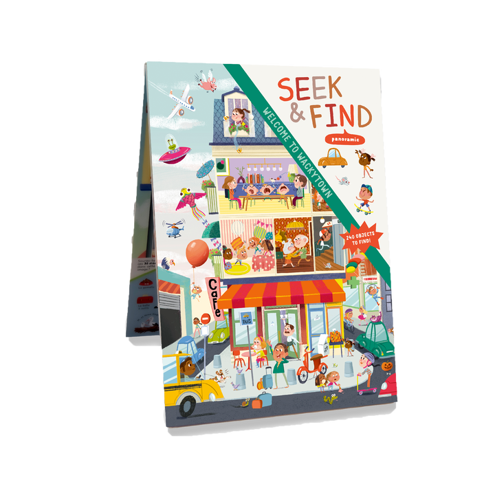 Welcome to Wackytown by Schiffer Publishing, Ltd. is an illustrated seek-and-find activity board book featuring a vibrant city scene with people, animals, vehicles, hidden objects, and fun activities on the cover.