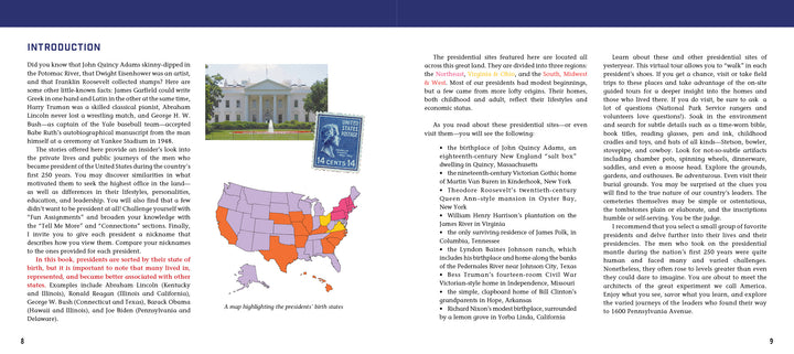 The Meet the Presidents: USA 250th Birthday Special Edition by Schiffer Publishing, Ltd. features a clean two-page spread on U.S. presidents with text columns, a White House photo, a 6-cent Lincoln stamp, and a U.S. map of presidential sites.