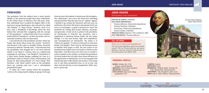 A page from Meet the Presidents: USA 250th Birthday Special Edition by Schiffer Publishing, Ltd. shows John Adams' portrait, biography, birthplace photo in Quincy, a foreword, political info, and a red Tell Me More box with presidential facts.