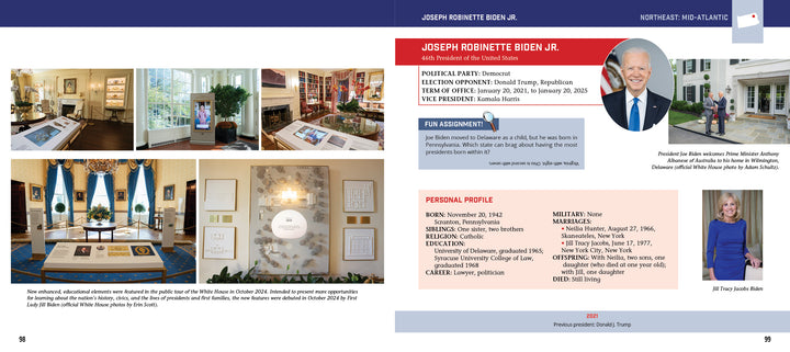 A two-page spread from "Meet the Presidents: USA 250th Birthday Special Edition" by Schiffer Publishing, Ltd. showcases Joe Biden’s portrait, biography, and White House photos on a white and purple background.