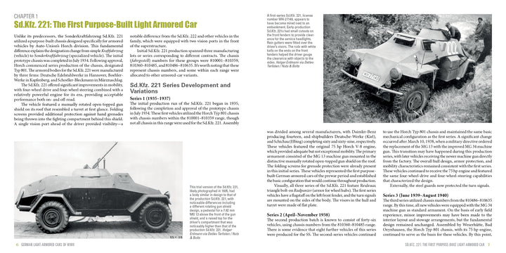 Two pages from "German Light Armored Cars of WWII" (Schiffer Publishing, Ltd.) show text and a profile photo of the Sd.Kfz 221 on the left, with more text and a front-left field view photo of this Wehrmacht armored car on the right.