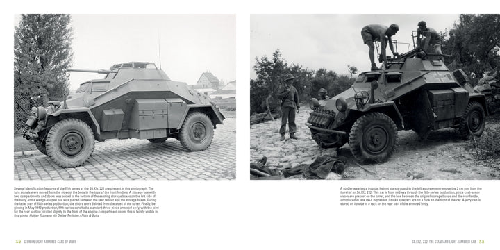 Left: Side view of a WWII German light armored car on cobblestone. Right: Three soldiers work atop similar vehicles in a wooded area. From "German Light Armored Cars of WWII" by Schiffer Publishing, Ltd.