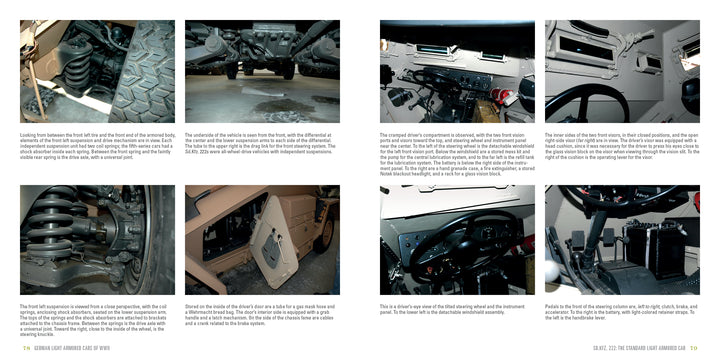A grid of eight photos from "German Light Armored Cars of WWII" by Schiffer Publishing, Ltd. shows close-ups of suspension, undercarriage, dashboard, wheel well, steering column, and electronics with descriptive captions.