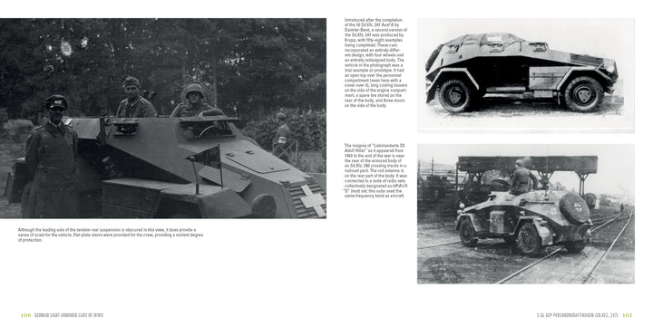 German Light Armored Cars of WWII by Schiffer Publishing, Ltd. features three black-and-white photos: soldiers in an armored car, a side view of a vehicle, and an Sd.Kfz. on railway tracks with soldiers nearby.