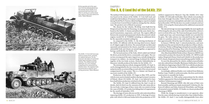 Two black-and-white photos show WWII half-tracks: the top features an Sd.Kfz. 251, and below, Wehrmacht armored vehicles traverse rough terrain. More details from Schiffer Publishing, Ltd. appear in text on the right.