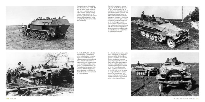 Four black and white photos from Schiffer Publishing, Ltd. show Wehrmacht armored vehicles, including the Sd.Kfz. 251 half-track, in diverse terrains with soldiers; text blocks describe each vehicle and its WWII historical context.