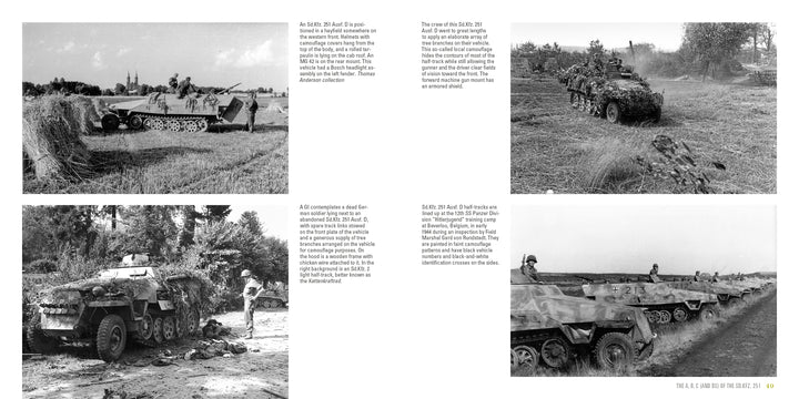 Four black-and-white photos from Schiffer Publishing, Ltd. show Sd.Kfz. 251 WWII half-tracks camouflaged with foliage in grassy rural scenes, some moving on dirt roads with soldiers nearby.