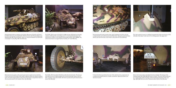A photo spread from Schiffer Publishing, Ltd. details the WWII Sd.Kfz. 251 with close-ups of wheels, tracks, camouflage paint, and Wehrmacht markings—all shown in a museum setting with descriptions.