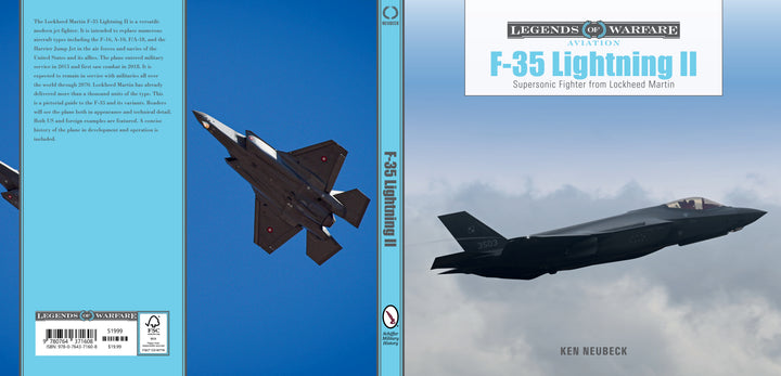 Book cover for F-35 Lightning II by Schiffer Publishing, Ltd. shows modern military aircraft, with F-35 jets in flight and on the ground under a clear sky, depicted in blue and gray tones.