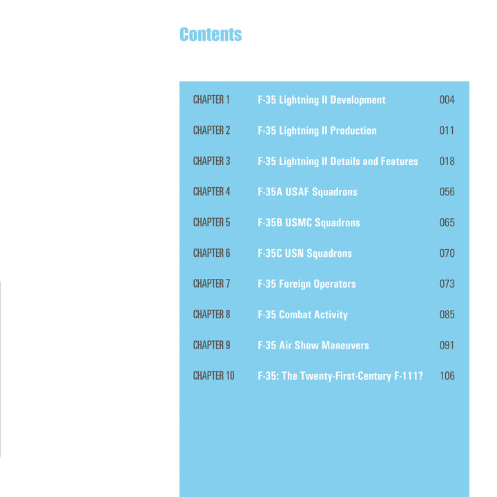 Table of contents with ten chapters in white text on a blue background details topics about the F-35 Lightning II by Schiffer Publishing, Ltd., including chapter page numbers. "Contents" is displayed as the heading at the top.