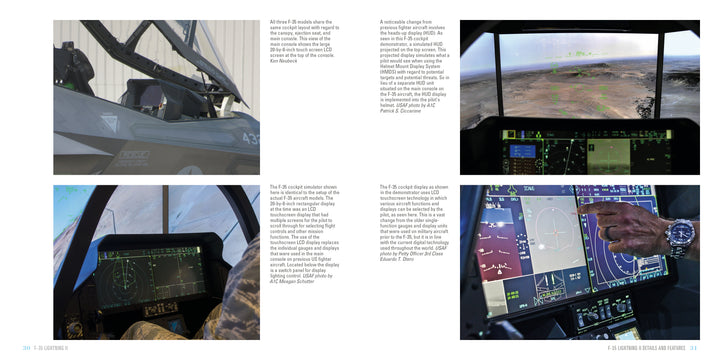 Four images of the F-35 Lightning II from Schiffer Publishing, Ltd.: pilot preparing to board, two in-flight digital display shots, and a close-up of avionics with the pilot’s hand on the controls.