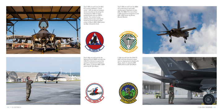 A two-page spread from Schiffer Publishing, Ltd. features the F-35 Lightning II jet in hangars and on runways with military personnel, plus four vibrant squadron patches and detailed captions accompanying each image.