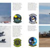 Four photos of the Schiffer Publishing, Ltd. F-35 Lightning II show it landing on snow, taxiing, flying above another jet, and parked on a runway. Four military squadron patches are also shown.
