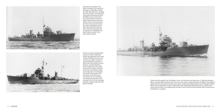 Three black-and-white photos depict World War II-era Kaibōkans from various angles. The page, from Schiffer Publishing, Ltd., also features text describing these Imperial Japanese Navy vessels and their characteristics.