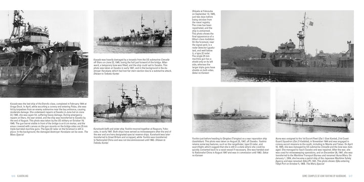 A two-page spread from "Kaibōkans" by Schiffer Publishing, Ltd. features six black-and-white photos of damaged naval ships, with captions and text detailing Pacific combat and the Imperial Japanese Navy’s role in these events.