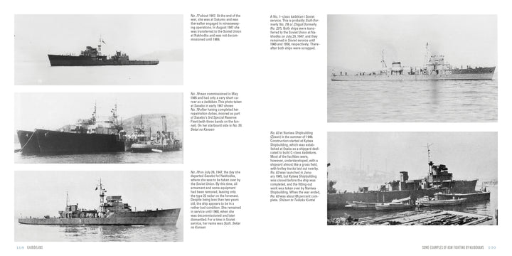 Kaibōkans" by Schiffer Publishing, Ltd. features a collage of six black and white photos showing Imperial Japanese Navy warships at sea or docked, each image accompanied by captions detailing the ships' history and specs.