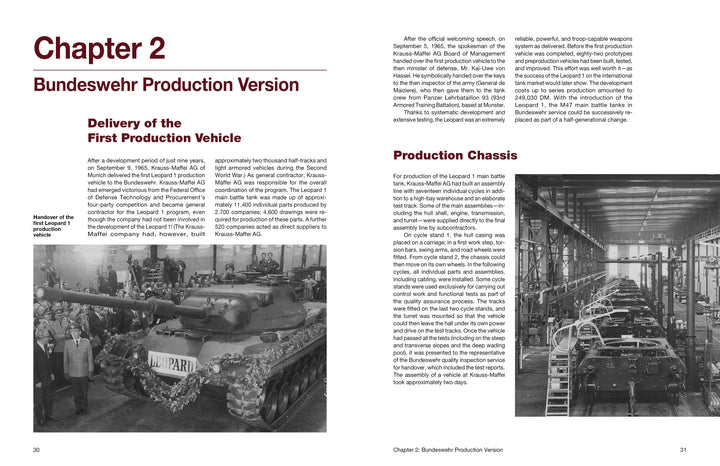 A vintage black-and-white photo of a Leopard 1 tank on display before a crowd, featured in a Schiffer Publishing, Ltd. book about the Bundeswehr’s production during the Cold War, with detailed text and factory assembly line images.