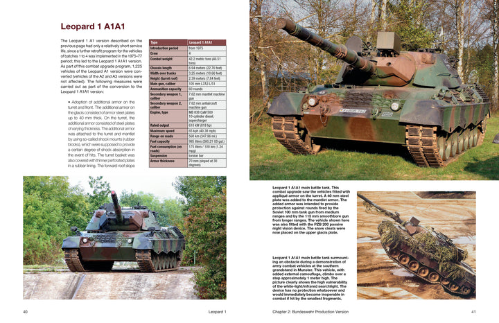 A Leopard 1 book spread by Schiffer Publishing, Ltd. displays two color photos and a specs chart on the left page, with additional tank images and descriptive text featured on the right page.