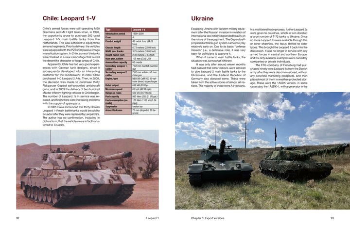 A Schiffer Publishing, Ltd. page compares Cold War-era Leopard 1 tanks from Chile and Ukrainian NATO tanks with outdoor photos, detailed specification tables, and text descriptions.