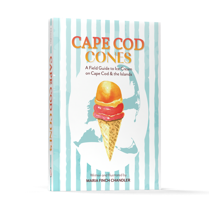Cape Cod Cones by Schiffer Publishing, Ltd. features an illustrated Cape Cod ice cream cone with two scoops on turquoise stripes and a subtle map outline.