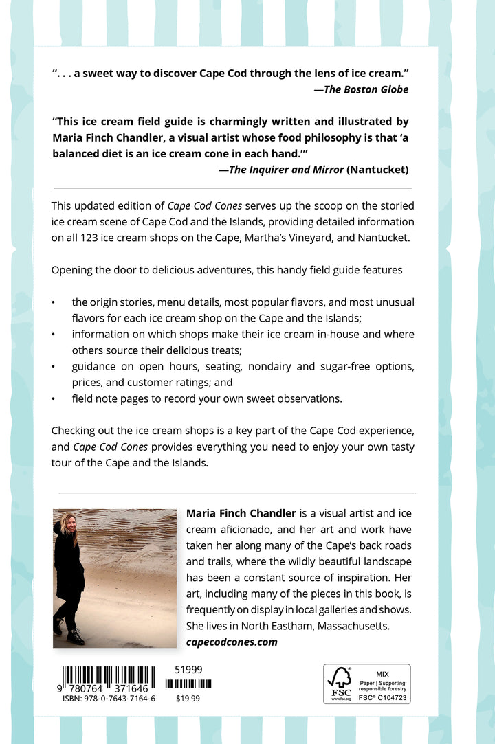 Back cover of Cape Cod Cones by Schiffer Publishing, Ltd. features a light blue design with ice cream cone illustrations, review quotes, a guide to Cape Cod and Martha’s Vineyard ice cream shops, plus an author bio with photo.