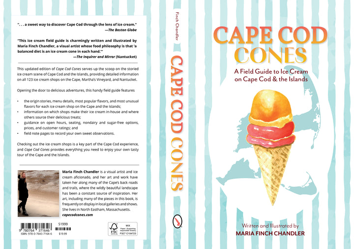 The Cape Cod Cones book from Schiffer Publishing, Ltd. has a cover with an illustrated three-scoop Cape Cod ice cream cone on a pastel striped background. The bold title and author appear on the front; the back features a synopsis and author bio.
