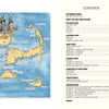 Cape Cod Cones by Schiffer Publishing, Ltd. features an illustrated map of Cape Cod and nearby islands with towns and ice cream spots on the left, and a guidebook table of contents with chapter titles and page numbers on the right.