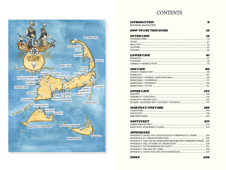 Cape Cod Cones by Schiffer Publishing, Ltd. features an illustrated map of Cape Cod and nearby islands with towns and ice cream spots on the left, and a guidebook table of contents with chapter titles and page numbers on the right.