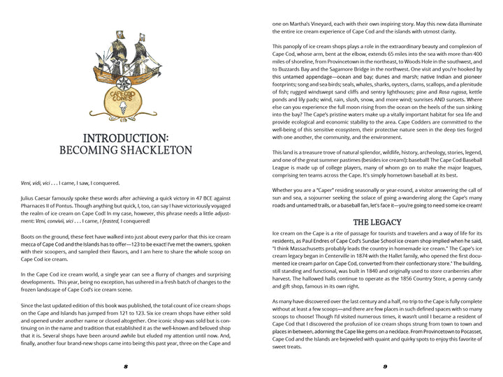 An illustrated nautical crest appears above the heading "Introduction: Becoming Shackleton" on a spread from Schiffer Publishing, Ltd.'s Cape Cod Cones. The right page, titled "The Legacy," features dense text in a classic ice cream shop style.