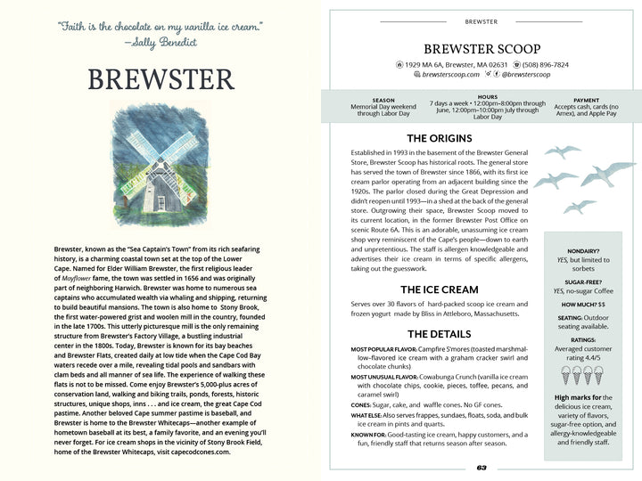 The Cape Cod Cones brochure by Schiffer Publishing, Ltd. features a lighthouse view and Brewster, MA highlights on the left, with Cape Cod ice cream flavors, local info, and bird illustrations on the right.